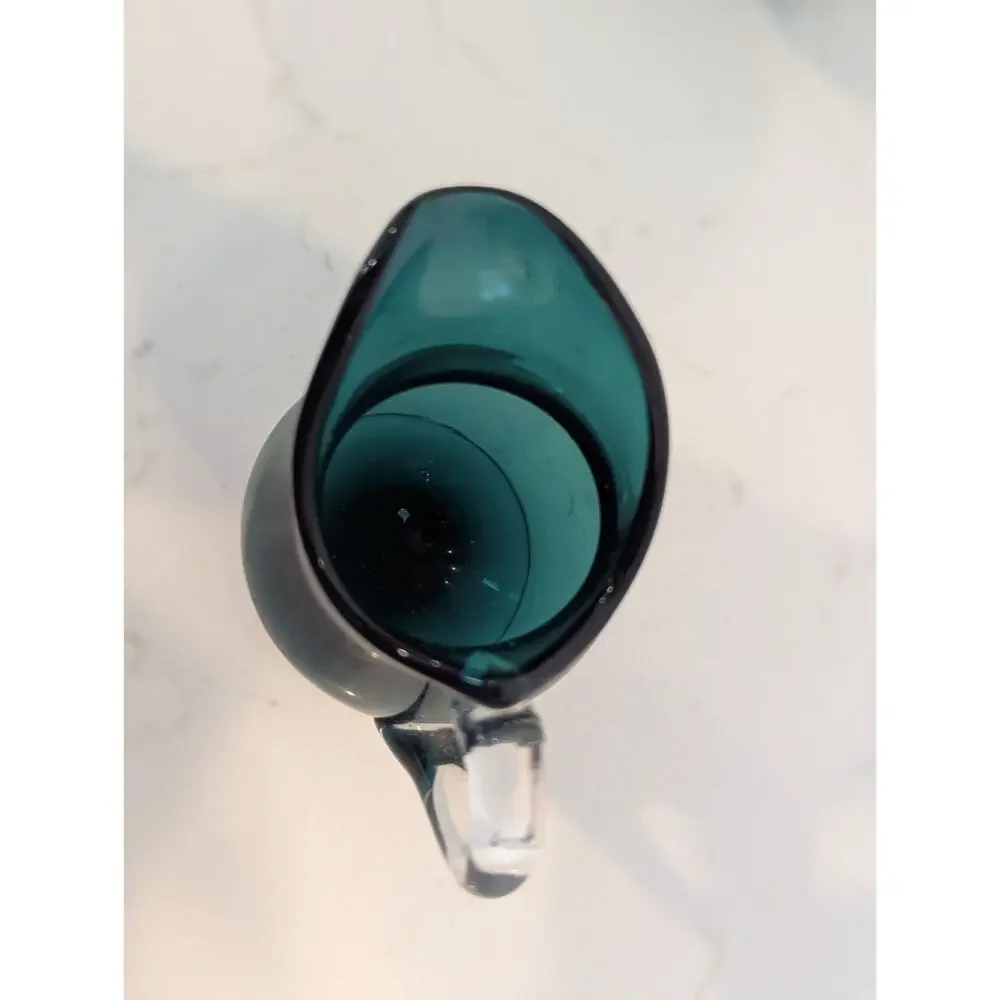 Vtg MCM Rich Teal Art Glass Sugar Creamer Set Hand Blown Green Clear Accents